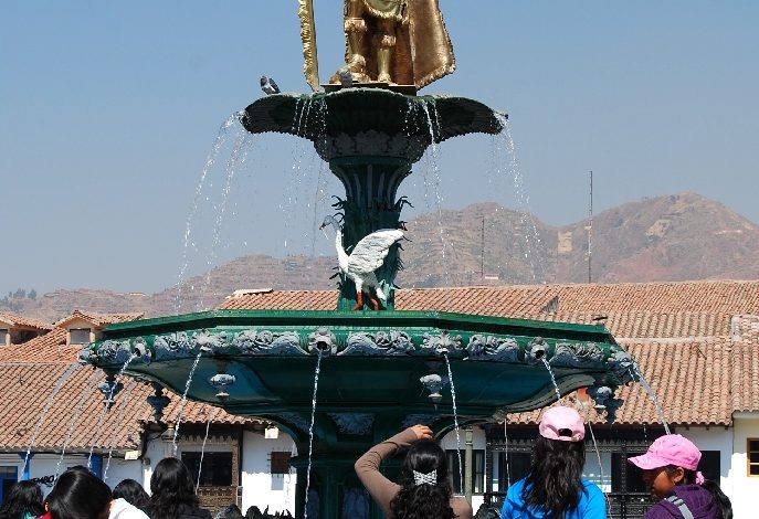 The Inca Graces the Fountain of Cuzco's Plaza de Armas